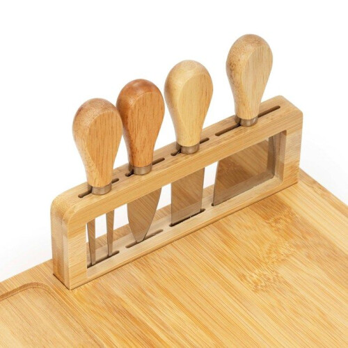 Tábua de queijo em bambu 35x28 cm com facas e prato com garfo para servir petiscos e charcutaria 2