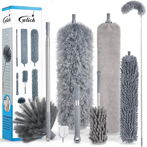 8 PCS Microfiber Feather Duster, Extendable Washable Cobweb Duster with 100 inches Long Telescopic Duster for Cleaning Ceiling Fan,Blinds