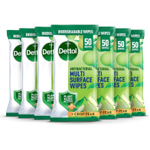 Dettol Antibacterial Multi Surface Cleaning Wipes, Crisp Pear, 350 Wipes (50 x 7pck) Plant-Based, Disinfectant, Biodegradable, Kills 99.9 Percent of