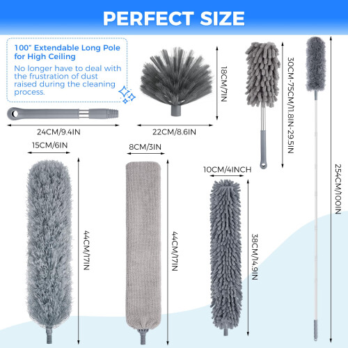 8 PCS Microfiber Feather Duster, Extendable Washable Cobweb Duster with 100 inches Long Telescopic Duster for Cleaning Ceiling Fan,Blinds 1