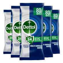 Dettol Protect 24 Multipurpose Antibacterial Wipes, 5 Pack of 80, Total 400, Long-Lasting Germ Protection, Ideal for Home, Office,