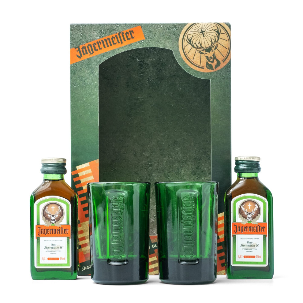 Beams International Jagermeister Gift Set - X2 Official Jagermeister Miniatures Shot Bottles 2Cl And X2 Shot Glasses - Miniature Alcohol Bottles, Perfect Jager Gift Set,