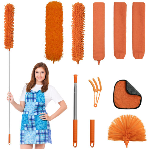 JEHONN Feather Duster Kit 8 PCS for Cleaning, 245 cm Extendable Long Handle Microfiber Cobweb Dusting Brush