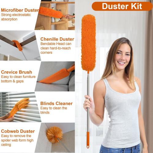JEHONN Feather Duster Kit 8 PCS for Cleaning, 245 cm Extendable Long Handle Microfiber Cobweb Dusting Brush 1