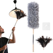 53 Inch Ostrich Feather Duster - Extendable Handle, Wood Handle, Fluffy Natural Genuine Feathers, Ideal for Home, Car, Office Cleaning