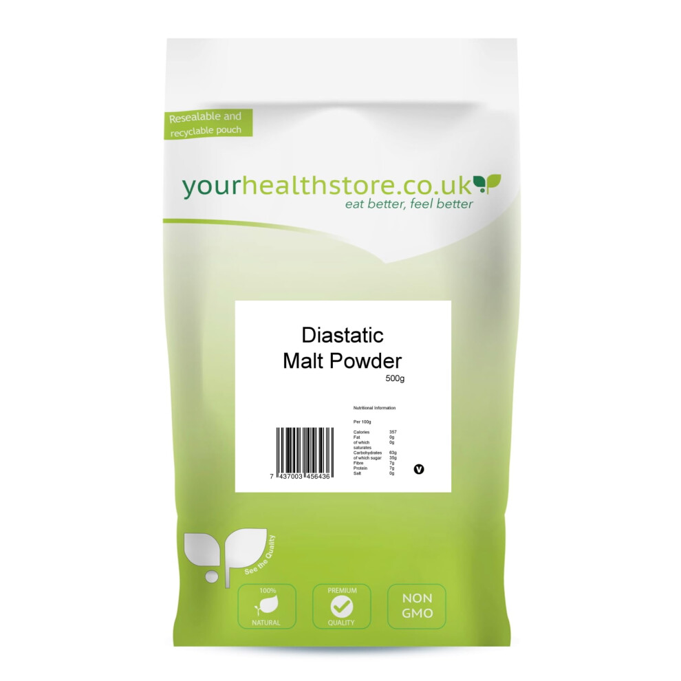 Diastatic Malt Powder 500G By Yourhealthstore, 80-120 Lintner, Barley Malt For Bread Making (Resealable And Recyclable Pouch). 44770716