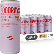GOODRAYS CBD Drinks, Sparkling Low Calorie Soft Drink, Vegan, Passionfruit & Pomelo, 12 x 250ml Cans, Packaging May Vary