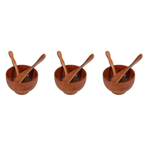 3Sets Solid Wood Facial Mask Bowl Kit with Mixing Tools Light Brown 2