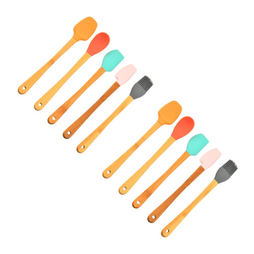 10Pcs Baking Set Silicone Cream Spatulas Bamboo Handled Tools 2