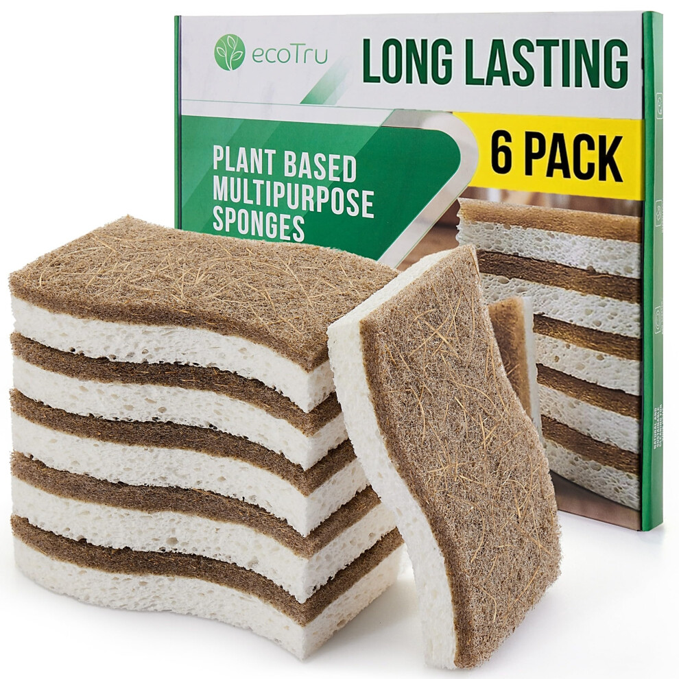 Ecotru 6 Pack Natural Washing Up Sponge, Uk Brand Eco Friendly Kitchen Dish Cleaning Sponges, Compostable Cellulose & Coconut Eco Sponges & Scourers 5051227535443