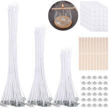 VEVOQIM 240pcs Candle Wicks Set,100pcs Candle Wicks for Making Candle (10/15/20cm) with 100pcs Glue Dots,10pcs Candle Wick Holders & 30pcs Wick Tabs,