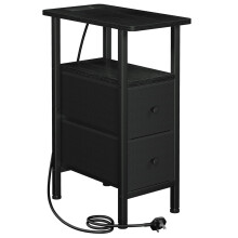 AMHANCIBLE Slim Bedside Table with Charging Station, Narrow Side Table with 2 Fabric Drawers, Small End Table with Open Storage Shelf, Nightstand for