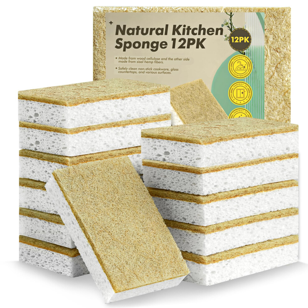Washing Up Sponges 12 Pack - Natural Cellulose & Sisal Non Scratch Heavy Duty Kitchen Dish Sponges 5051226770401