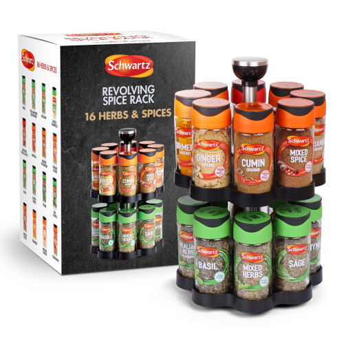 Schwartz Schwartz Rotating Spice Rack, Space Saving, Includes 16 Herbs and Spices Jars fo