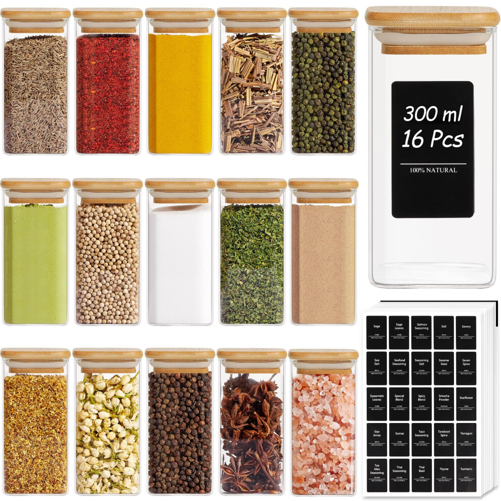 Comsaf 16Pcs Glass Spice Jars With Bamboo Lid, 300Ml Small Glass Jar With Bamboo Lids, Airtight Square Containers With Labels, Empty Seasoning Black 37086305