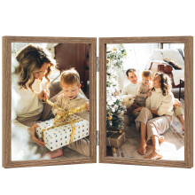 Double Photo Frame 5x7 Hinged Folding Wood Picture Frame with Glass Front Stand Vertical on Desktop Wood Grain