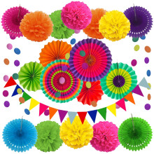 ZERODECO Party Decoration, 21 Pcs Multi-color Hanging Paper Fans Pom Poms Flower