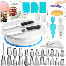 RFAQK 65 PCs Cake Decorating Kit with Cake Turntable-Cake leveler-24 Numbered Piping Tips with Pattern Chart & E Book- Straight & Offset Spatula-30 I