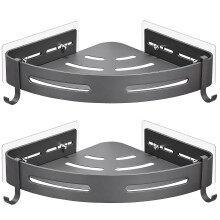 GERUIKE Shower Corner Shelves No Drilling Adhesive Bathroom Shelf, 2-Pack Matt Grey Aluminium Organiser with Hooks - Strong Hold, Rustproof & Wall Mo