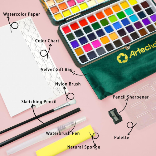 Artecho Watercolour Paint Set 100 Colors in Portable Box Including 2