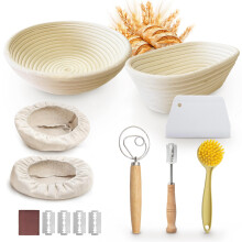 Homiely Bread Proofing Basket, Natural Rattan Sourdough Kit, 14 Piece - 9" Round and 10" Oval Banneton Basket with Bread Lame, Danish Whisk, Bowl Scr
