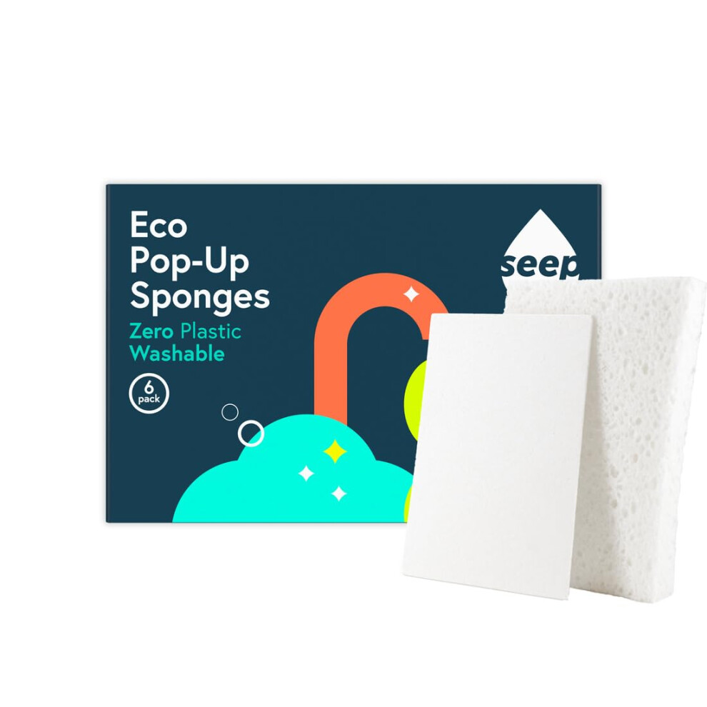 Seep Pop-Up Eco Cleaning Sponges - For Kitchen Bathroom Dishwashing Washing Up - Plastic Free - 100% Natural Cellulose - Compostable - 6 Pack