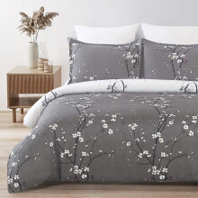 YEPINS Soft Quilt Duvet Cover Set with Zipper Closure and Corner Ties, Tree Branch Printed Pattern, Grey and White Colour, Reversible Design- Brushed