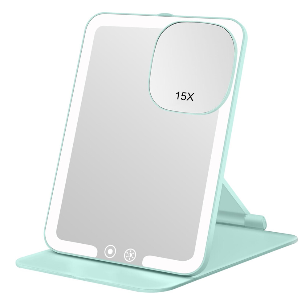 Mkumir Rechargeable 1500Mah Travel Makeup Mirror With Lights,Portable 1X With Mini 15X Magnifying Mirror,Folding Lighted Cosmetic Vanity With Adjustable Sta