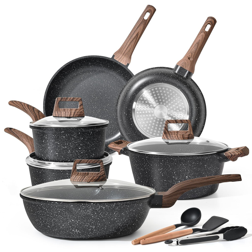 Terlulu Induction Hob Pots And Pans Set - 13Pcs Nonstick Cooking Pans Set, Black Granite Cookware Set With Lid, Non Stick Saucepan