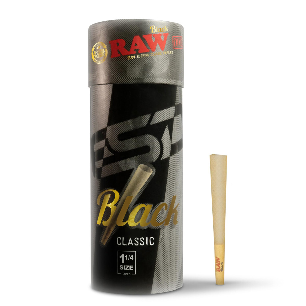 Raw Black Cones Classic 1-1/4 Size | 50 Pack | Natural Pre Rolled Rolling Paper Pressed Extra Fine For Thin, Slow Burning, Naturally Translucent Pape