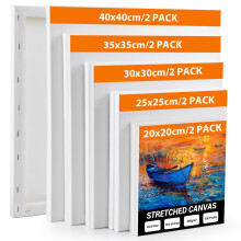 Koncci 10 Pack Stretched Canvas for Painting, 40x40 35x35 30x30 25x25 20x20cm Art Canvases for Painting, Acid-Free/Cotton/Triple Primed/280GSM Blank