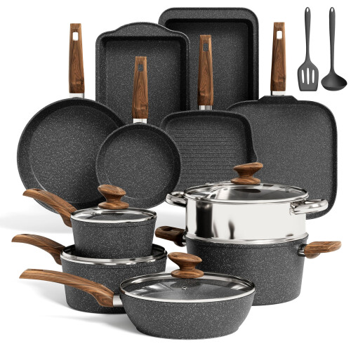 Kitchen Academy 17pcs Induction Hob Pan Set, Black Granite Cookware Sets