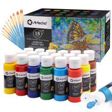 Artecho Acrylic Paints Set 18 Colors 2 Ounce/59ml with 10 Art Brushs, Non Toxic, Model Paint, Waterproof Paint, Acrylic Paint Kit for Canvas, Crafts,