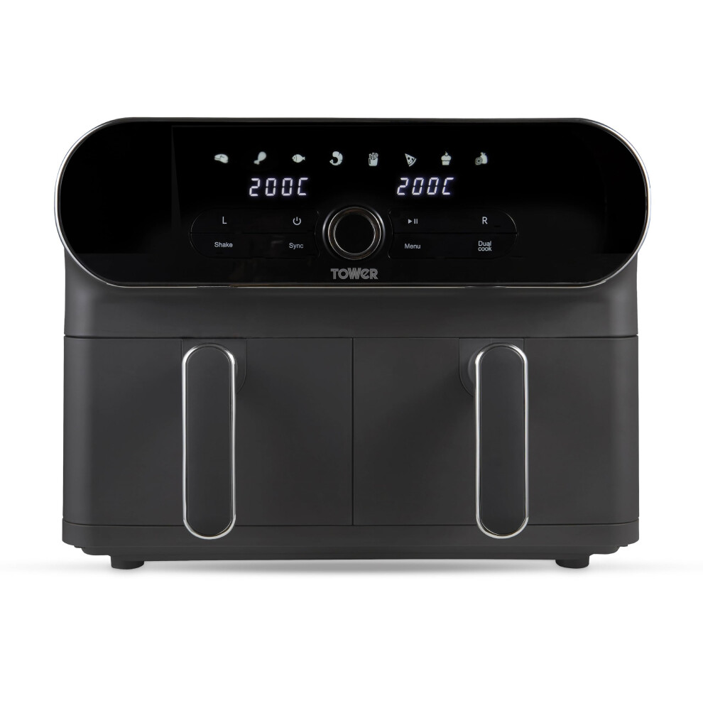 Tower T17138 Vortx Elite 10.4L Dual Basket Air Fryer With Sync Finish, 1700W, Graphite With Chrome Accents