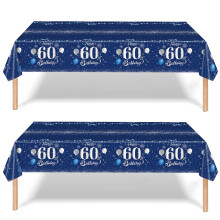 2Pcs Navy Blue Happy 60th Birthday Party Table Cloth,137*274cm Plastic 60th Birthday Table Decorations for Men Women Birthday Table Cloth Disposable