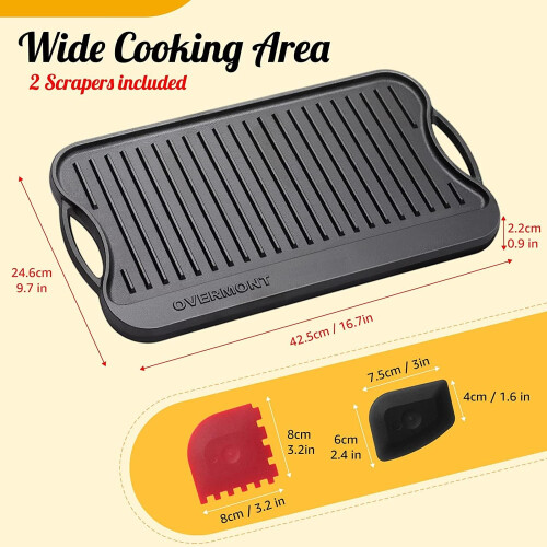OVERMONT Pre-Seasoned Cast Iron Reversible Griddle Grill Pan with 2