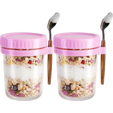 ALINK 2 Pack Overnight Oats Jars, Overnight Oats Container with Lid and Spoon, 10 oz Cereal, Milk, Vegetable and Fruit Salad Storage Container with M