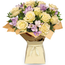 Rose & Freesia Bouquet With White Roses, Lilac Freesia & Foliage - Gift For Birthday, Anniversary, Thanks