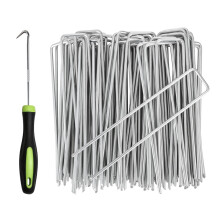 RnCop Galvanized Garden Pegs, 100 Pack 6"/15cm Weed Membrane Pegs, Strong U-Shaped Ground Stakes Steel for Fixing Landscape Fabric(with 1 pick hook)