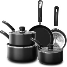 KICHLY Set of 8 Non-Stick Pots and Pans Cookware Suitable for Induction Hob with 20cm, 28cm Frying Pans and 16cm, 18cm, 20cm Saucepans Set with Lids
