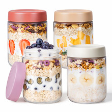 PITCH + PULSE Overnight Oats Jars, 4 pack 500ml/16oz Overnight Oatmeal Container with Lid, Homemade Yogurt Oatmeal Salad Jam Pudding Storage Containe