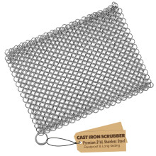 Cast Iron Scrubber 316 Stainless Steel Skillet Cleaner 8"x6" Chainmail Scrubber Scraper Chain Mail Link Scrub for Cast Iron Pre-Seasoned Pans, Griddl
