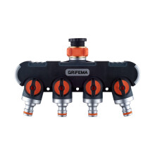 GRIFEMA GE1401-4 Garden Hose Splitter 4 Way, Double Tap Distributor, 3/4" and 1/2" Tap, Orange / Black
