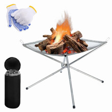 Portable Fire Pit Folding Camping Fire Pit - 42cm Stainless Steel Foldable Outdoor Fire Pit with Carrying Bag and Gloves, Collapsible Bonfire Firepit