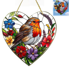 Window Sun Catcher,Large Heart-Shaped Robin Stained Glass Suncatcher,Robin Garden Ornament,Stained Glass Window Hangings,Garden Ha