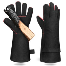 Mellbree Heat Resistant Gloves for Woodburner, Black Full Leather Heavy Duty Glove for Woodburners, Multi-Fuel Stoves, BBQs & Pizza Ovens (Arm Protec