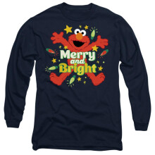 (L, Navy) Sesame Street Unisex Adult Merry And Bright Elmo Long-Sleeved Christmas T-Shirt