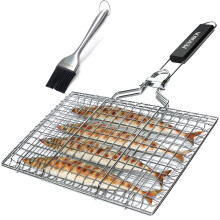 penobon Fish Grilling Basket, Folding Portable Stainless Steel BBQ Grill Basket for Fish Vegetables Shrimp with Removable Handle, Come with Basting B