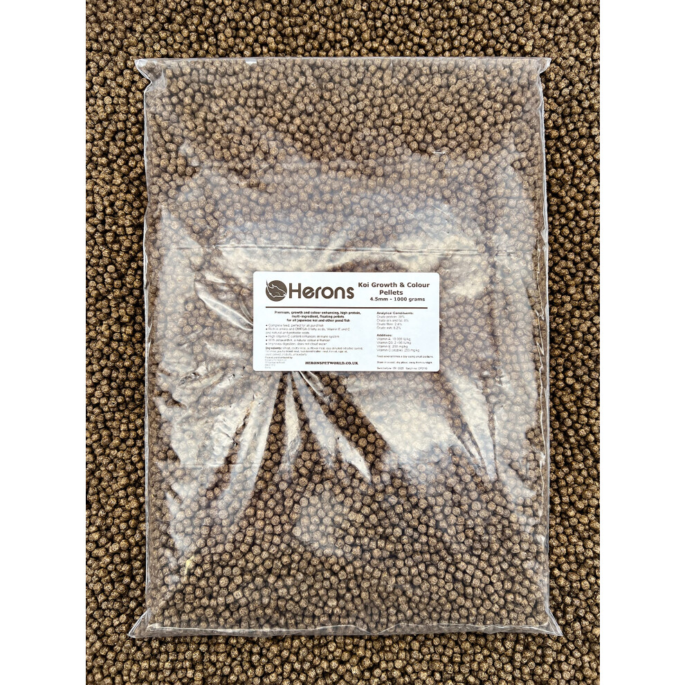 Herons - Koi Growth & Colour Pellets, 4.5Mm - 1Kg - Premium Pond Fish Food, For Koi Carp, Shubunkin And Goldfish, Growth And Colour Enhancing, High P