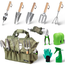 Hadeeka Gardening Tools Set - 10 Piece Garden Tool Kit, Heavy Duty Stainless Steel Trowel, Fork, Rake, Weeder, Transplanter with Ergonomic Ash Wood H